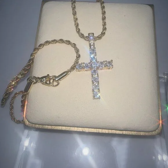Cubic Zirconia Cross Pendant Necklace Gold Plate Stainless Steel - Picture 4 of 8